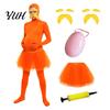 Full Coverage Suits Orange Bodysuit, with Tulle Skirt, Fake Belly, Yellow Mustache & Eyebrows, Halloween Cosplay Jumpsuit Open Face Zentai Suit,