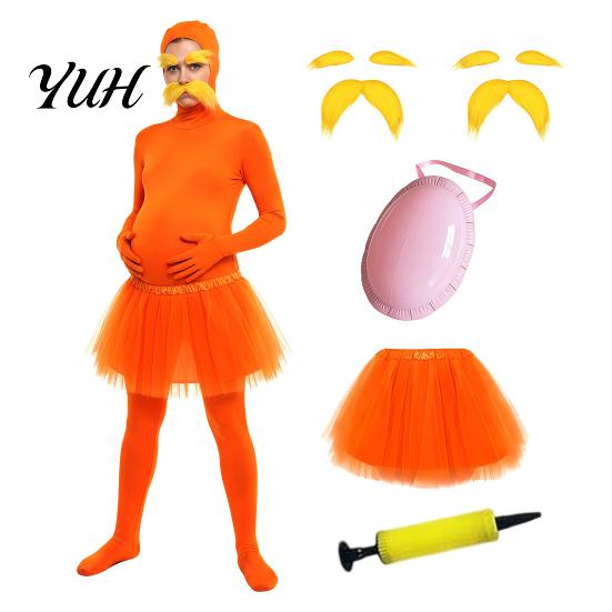 Full Coverage Suits Orange Bodysuit, with Tulle Skirt, Fake Belly, Yellow Mustache & Eyebrows, Halloween Cosplay Jumpsuit Open Face Zentai Suit,
