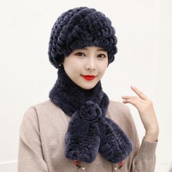 Winter Knitted Natural Fur Hats Scarves Sets Women Warm Real Rex Rabbit Fur Hat Scarf Lady Fashion Thick Rex Rabbit Fur Hat