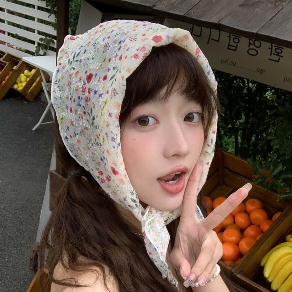 Cotton Floral Headscarf Pastoral Style Triangular Headband Spring Silk Scarves  Girls