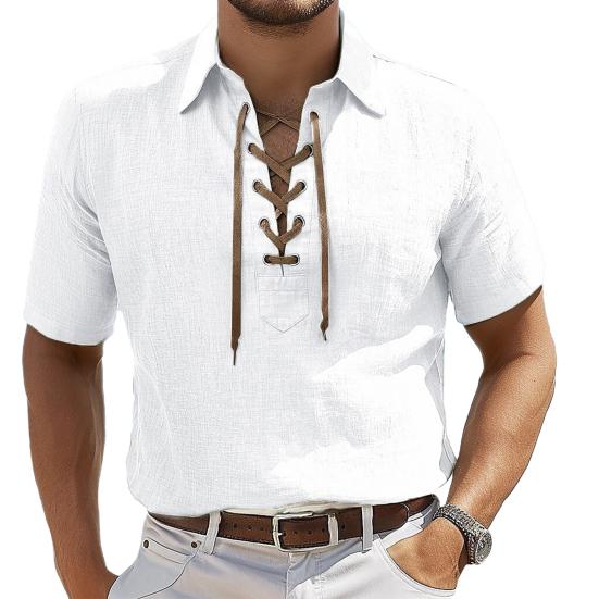 Мужская футболка со шнуровкой и V-образным вырезом, с коротким рукавом и лацканами, однотонная летняя повседневная футболка для повседневной носки, работы и улицы