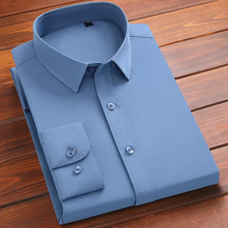 Мужская рубашка Slim Fit Business Shirt из бамбукового волокна Non-Iron с длинным рукавом, без карманов, выпуск 2024 г.