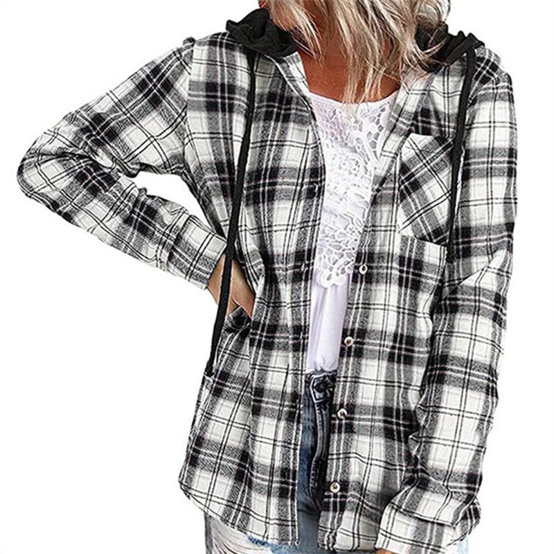Новая весенняя женская рубашка из смесового хлопка, модная клетчатая рубашка с капюшоном, женская рубашка с длинным рукавом и однорядными пуговицами, блузки в британском стиле