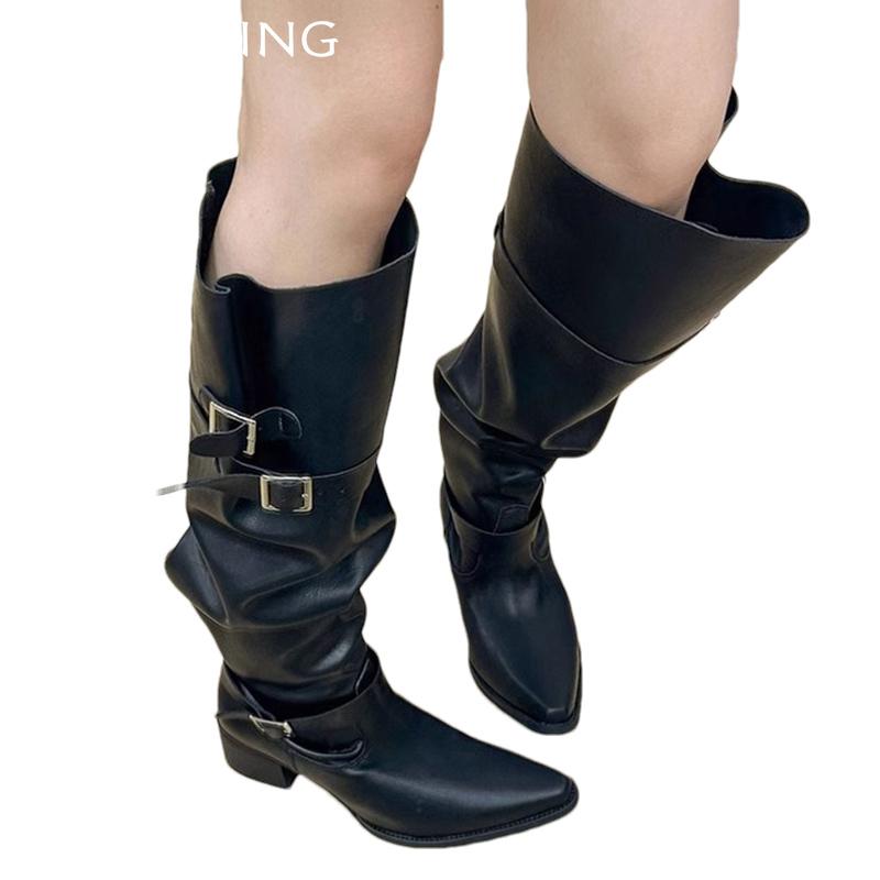 Острый носок грубые женские высокие сапоги на среднем каблуке кожаные модные сексуальные зимние туфли 2025 трендовые готические туфли-лодочки до колена Botas De Mujer