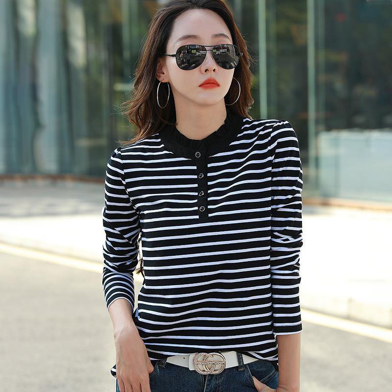 Полосатая футболка для женщин, с длинным рукавом, полуводолазка, хлопковые осенние повседневные женские футболки, свободные топы, женская одежда