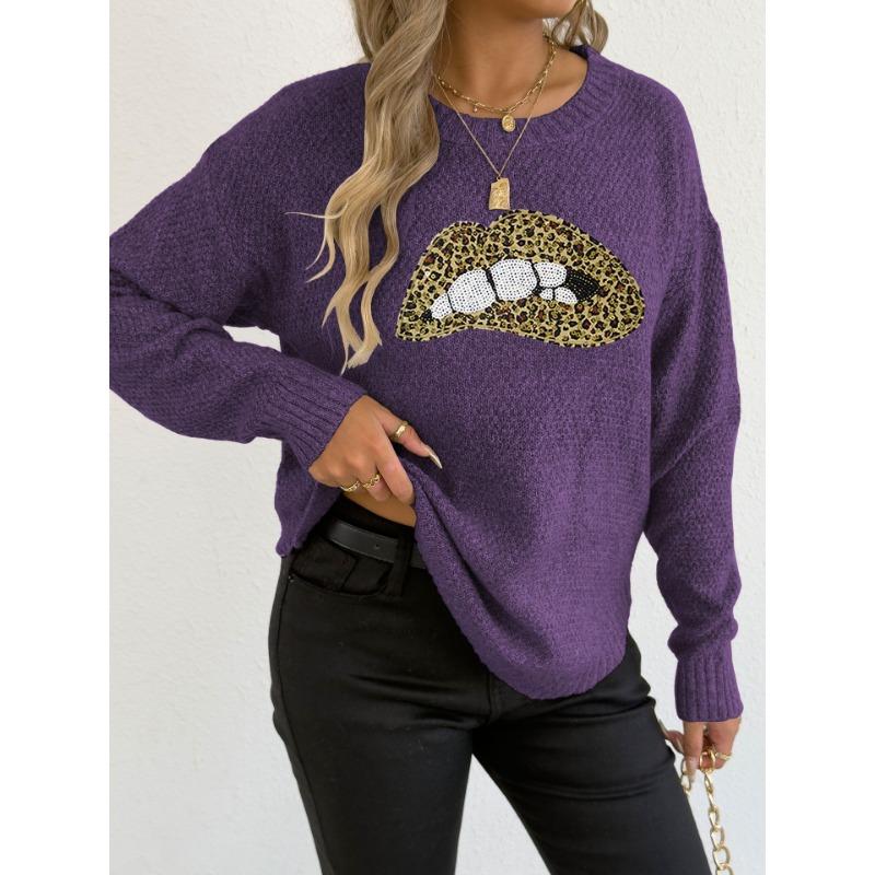 Leopard Print Embroidery Sequined Lips Personalized Round Neck Pullover Sweater for Women