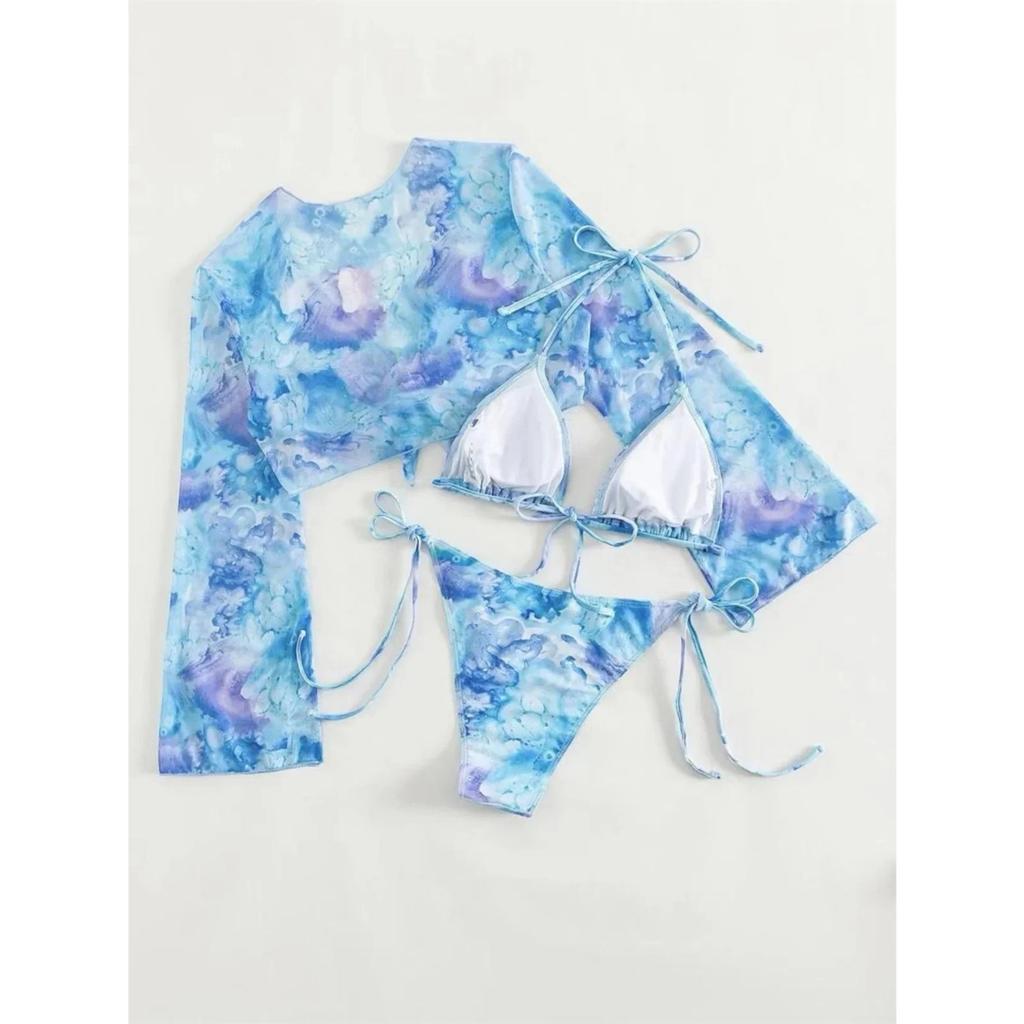Сексуальный синий Tie Dye комплект из 3 предметов, женский комплект бикини с длинным рукавом и завязками спереди, купальник 2024, купальный костюм с завязками сбоку, стринги, купальник