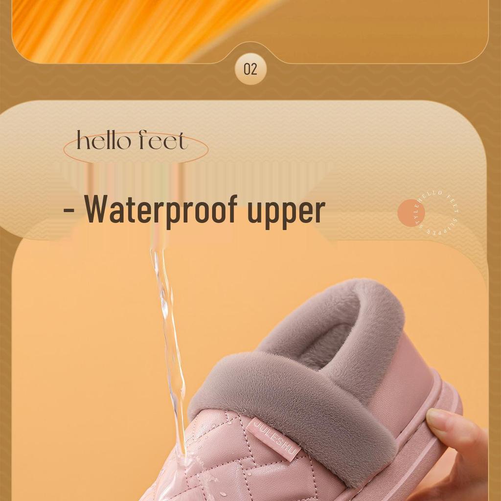 Waterproof Leather-Cotton Slippers, Non-Slip Closed Heel for Indoors