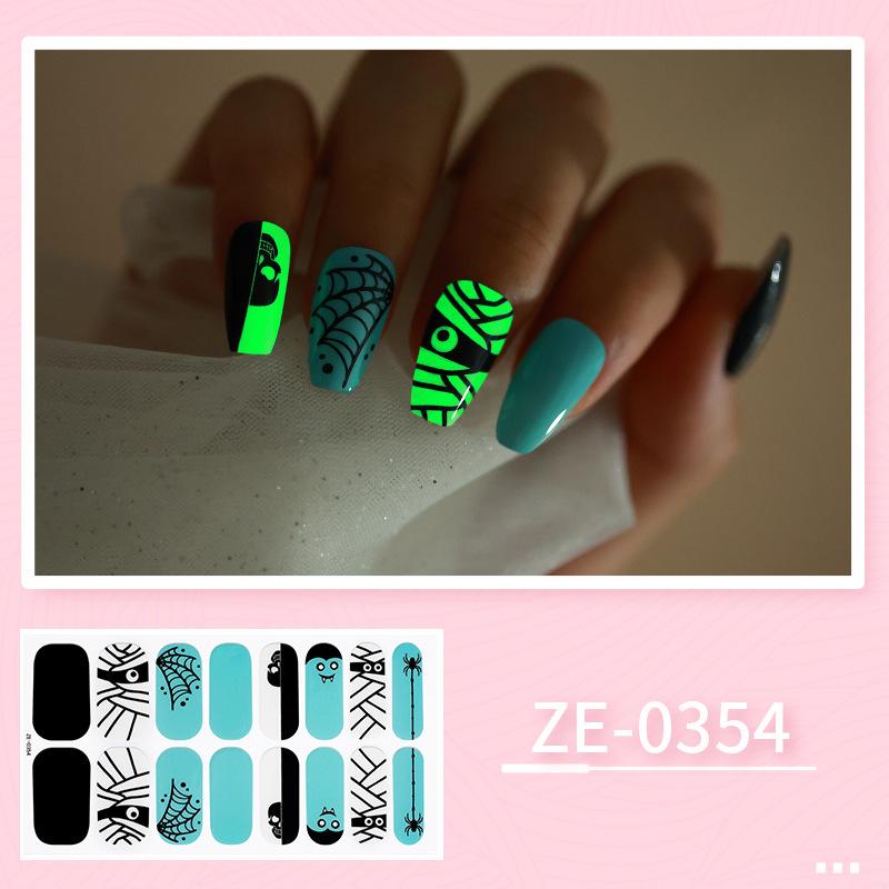 ZE Glow In Dark No-Cure Gel Nail Wraps, Full Cover Halloween Style Autumn Winter Nail Stickers, Nail Patch Films