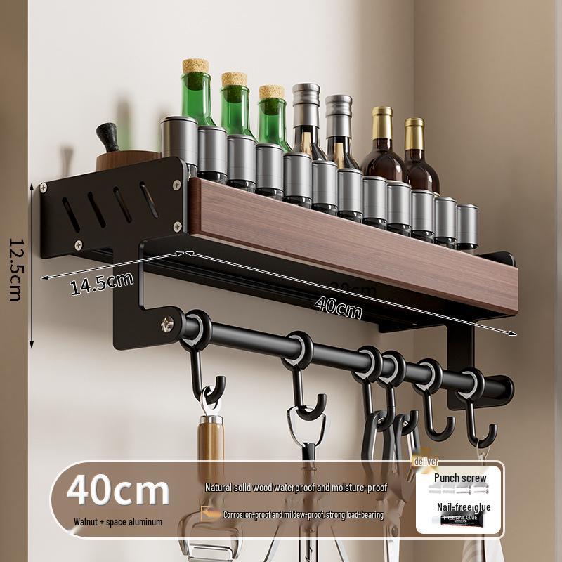 Punch-Free Wall-Mounted Walnut Kitchen Storage Rack: Multi-Layer Spice Shelf