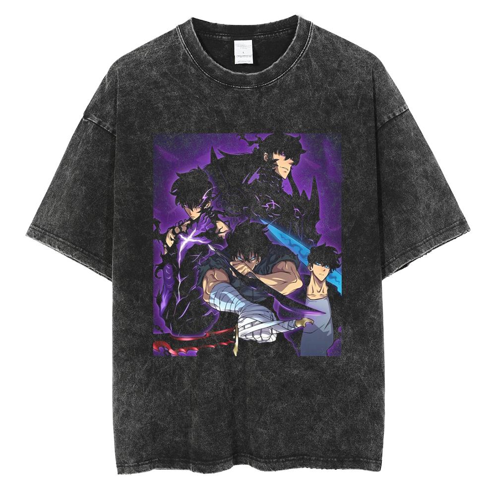 Мужская и женская винтажная стираная хлопковая футболка уличная одежда аниме Solo Leveling Графический принт Топы свободные футболки с коротким рукавом