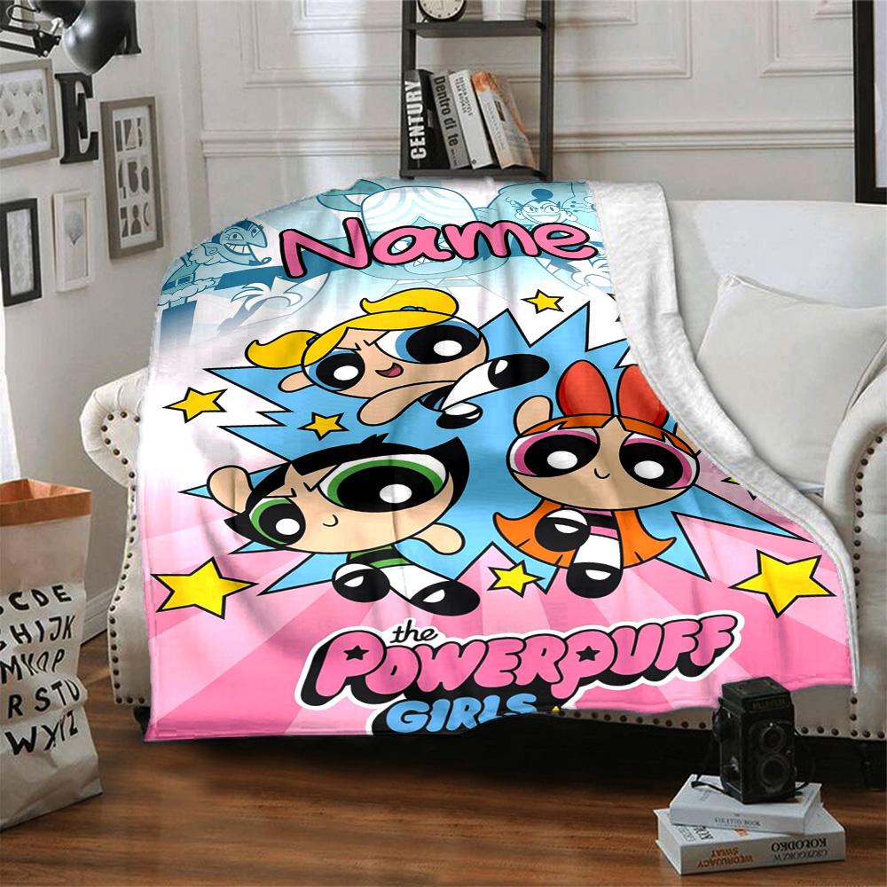 Custom Name Powerpuff Girls Adventure flannel Blanket for Super Soft Cute Comfort Blanket for Travel Bedding Couch Sofa Blanket