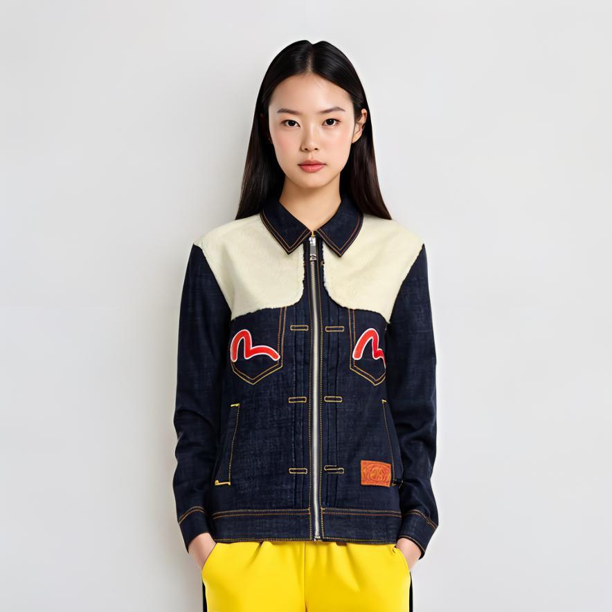 Evisu Fleece Patchwork Three-Headed Daruma Poster Denim Jacket Women Jacket 2EAHTW0DJ223LF