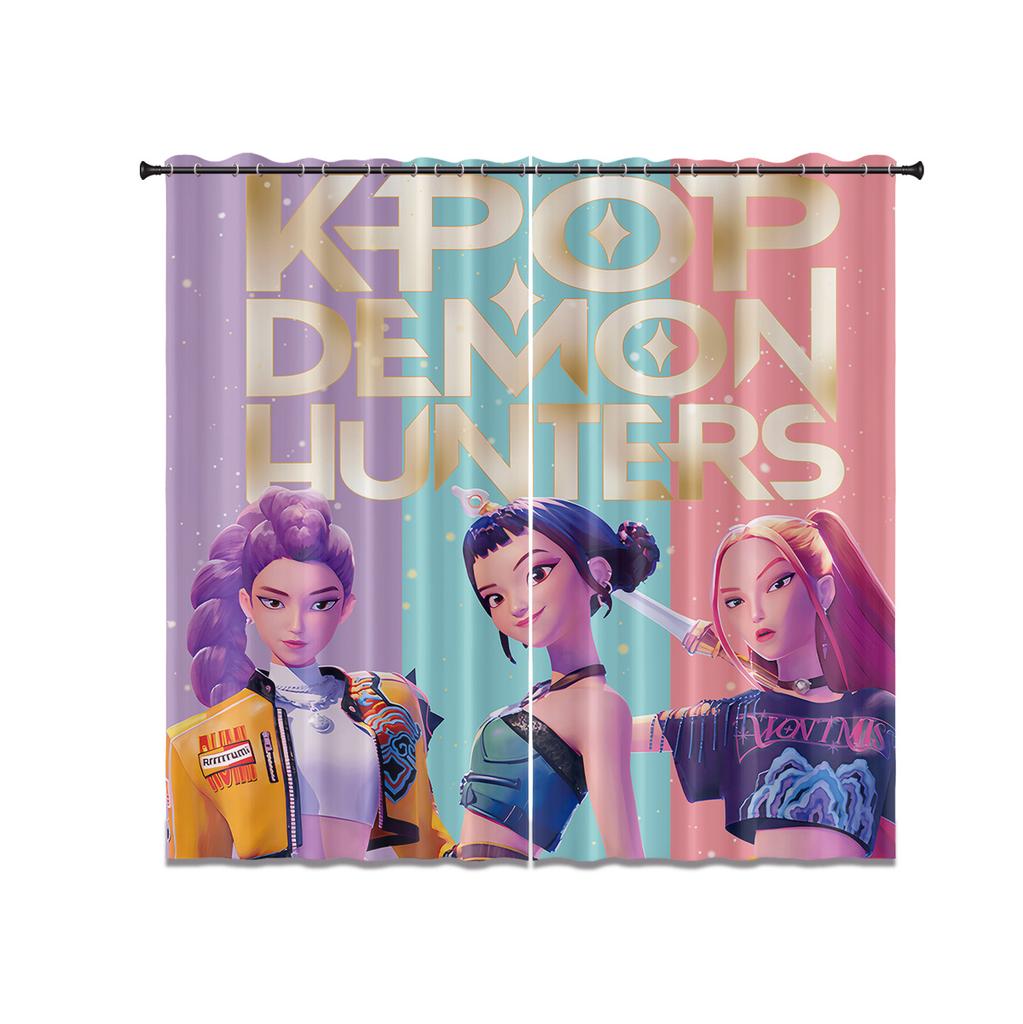 2Pcs K-Pop Demon Hunters Print Perforated Blackout Curtains Multiple Size Living Room Insulation Decoration, Machine Washable
