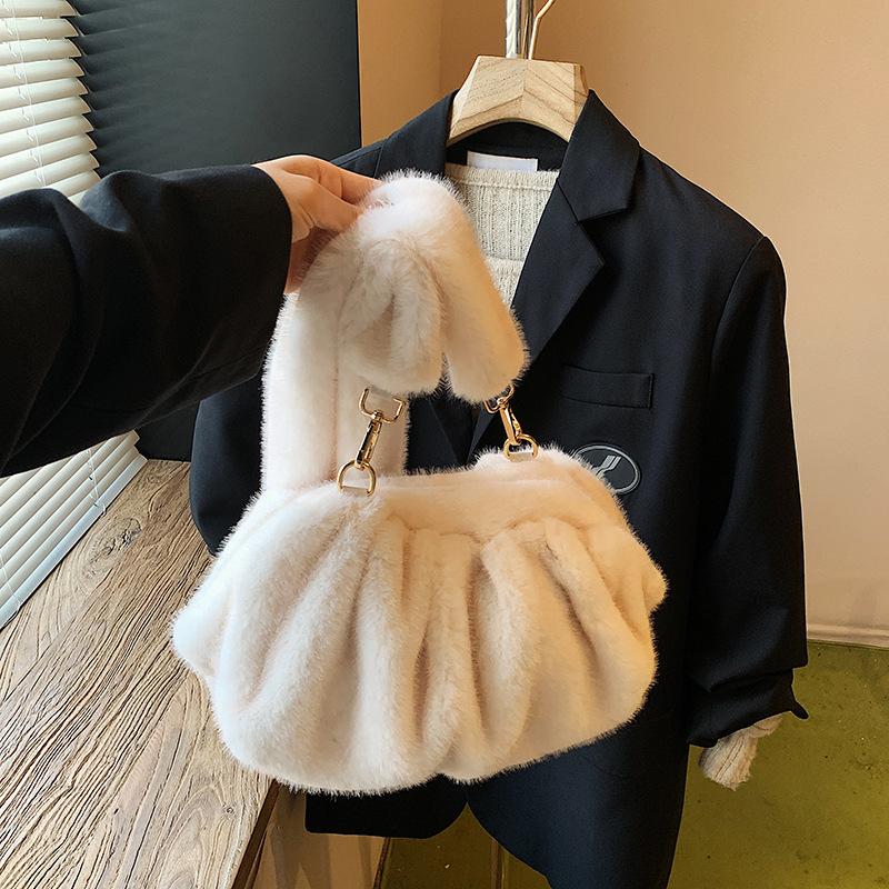 Korean Pleated Cloud Plush Shoulder Bag Soft Faux Fur Crossbody Bag Autumn And Winter Trend Handbags For Women Gifts