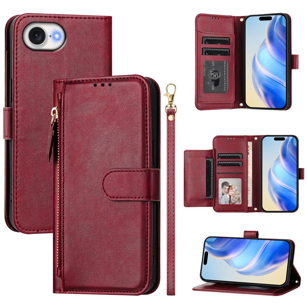 For iPhone 16e Case Zipper Pocket Multiple Card Slots Leather Phone Cover