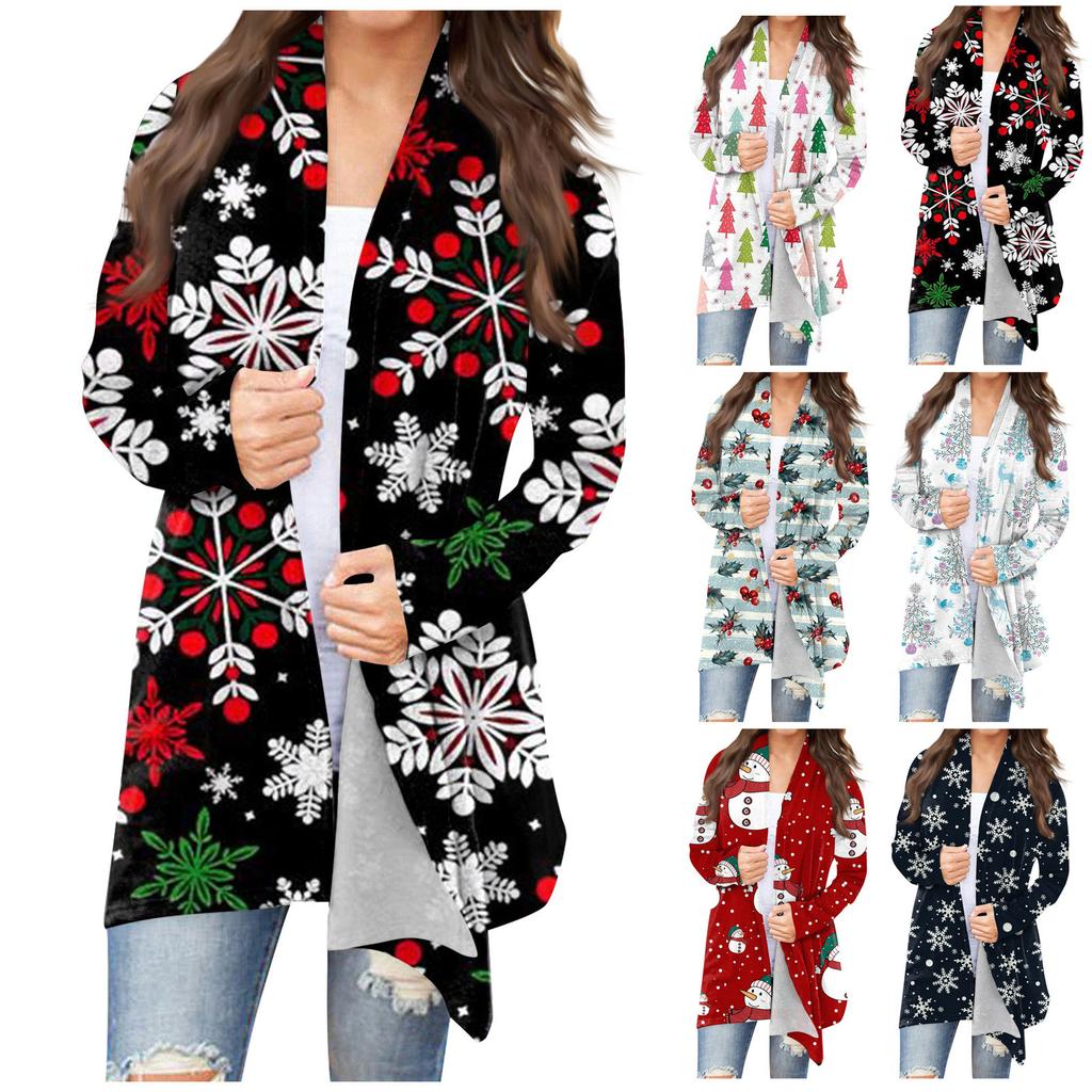 Women's Fashion Casual Christmas Print Medium Length Cardigan Jacket Coat