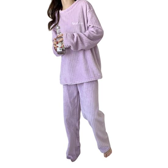 2 шт./комплект унисекс зимняя пижама комплект круглый вырез однотонный утолщенный коралловый флис домашняя одежда