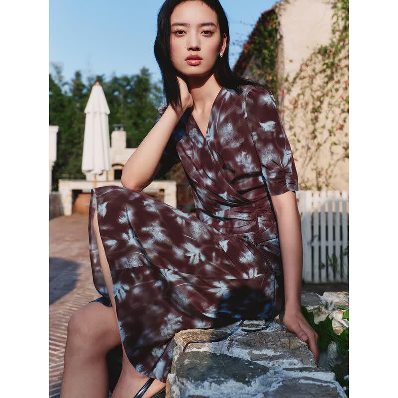 Jiu Zi Women's Romantic Floral Print Mulberry Silk Dress