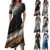 Ladies Casual Fashion Gradient Print V-Neck Short Sleeve Waist Long Swing Dress
