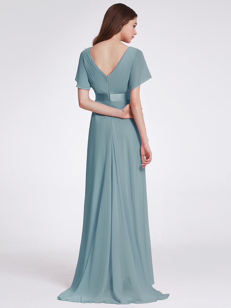 Ever-Pretty Women's Double V-Neck Empire Waist Floor Length Chiffon Evening Dresses with Short Flutter Sleeves