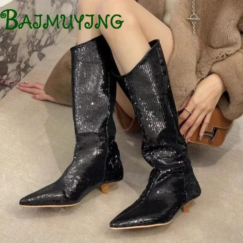 Блестящие туфли на низком каблуке женские роскошные высокие сапоги с острым носком платье сексуальные туфли-лодочки 2025 тренд зимние снежные ботинки женские готические вечерние туфли-лодочки