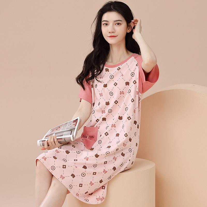 Женская летняя ночная рубашка-пижама из чистого хлопка с коротким рукавом свободного кроя средней длины в корейском стиле для дома или повседневной носки