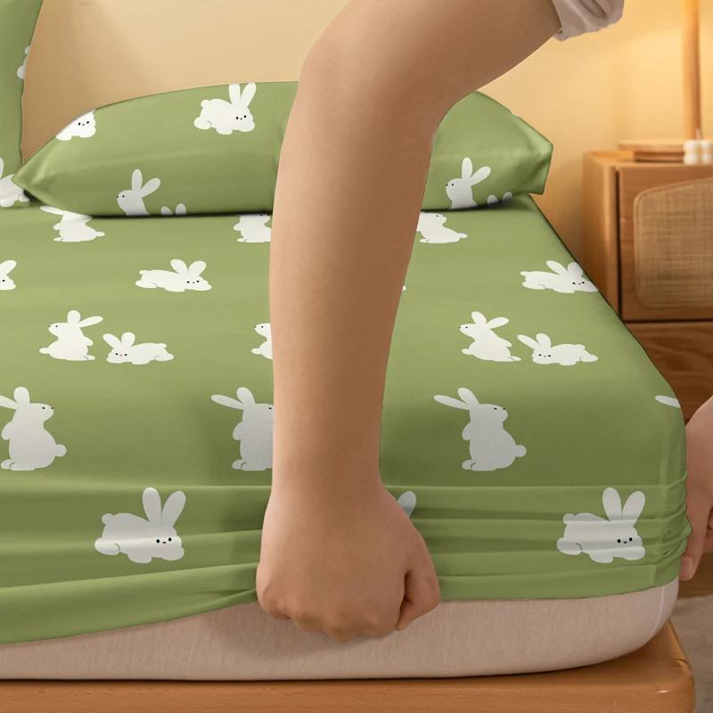 Cartoon 1 Cute Animal Rabbit Printed Matte Fitted Sheet, Bedroom Printed Bed Cover, Bedding Excluding Pillowcases
