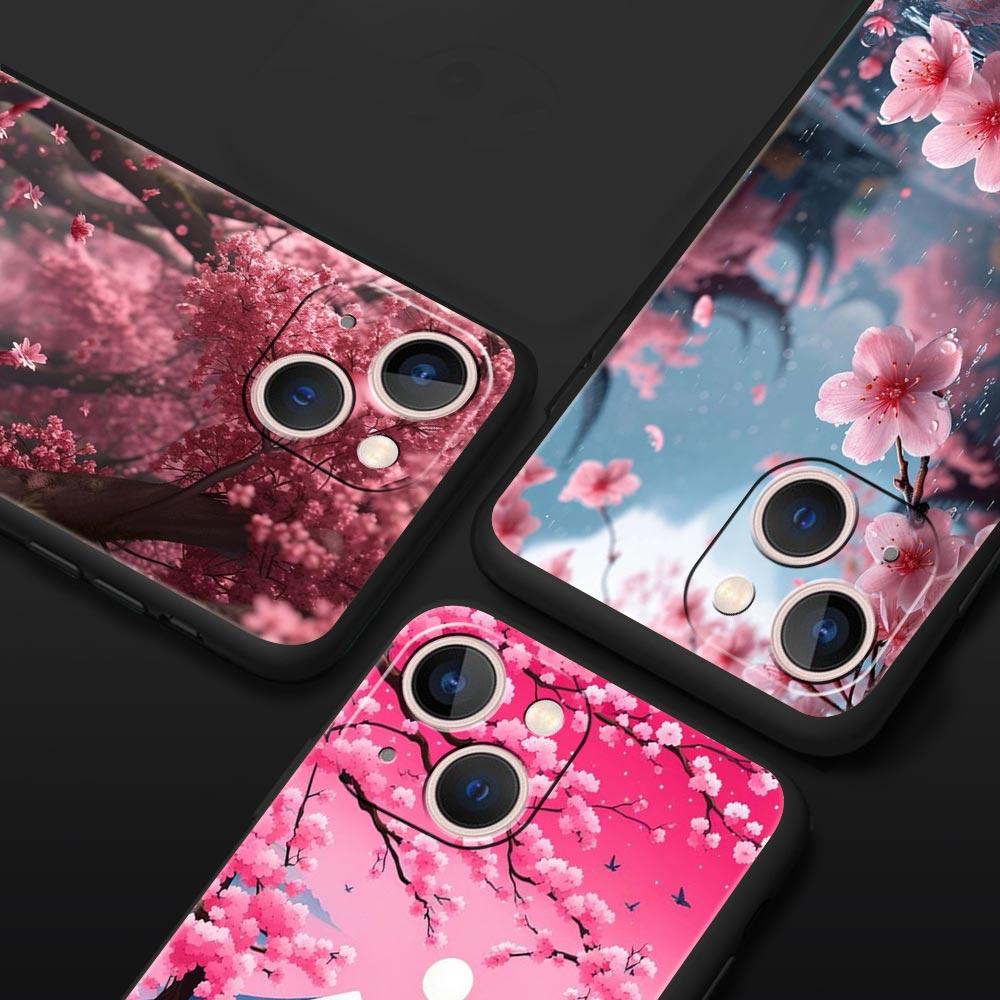 Розовый чехол с цветами сакуры на весну для iPhone 17 16 15 Pro Max 11 12 13 14 7 8 Plus SE 2020 X XR XS Мягкий черный