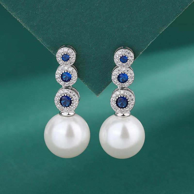 Серьги-гвоздики с микрозакрепкой из голубого циркония в серебре S925, женские индивидуальные украшения, серьги с белым жемчугом в виде ракушки, роскошные серьги с жемчугом в стиле «темперамент»