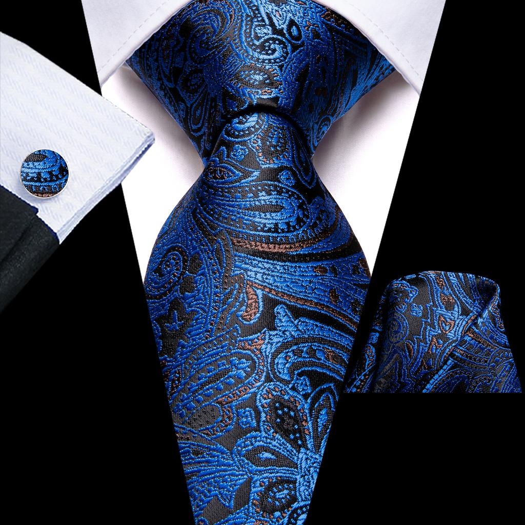 Paisley Mens Blue Tie Set Silk Woven Necktie Handkerchief Cufflinks Wedding Gift
