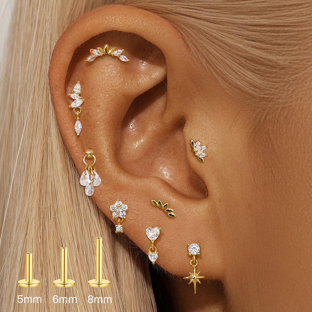 Серьги-гвоздики для пирсинга хряща из стерлингового серебра S925 с бриллиантами в форме лотоса, спиральные, многоразмерные, 5/6/8 мм