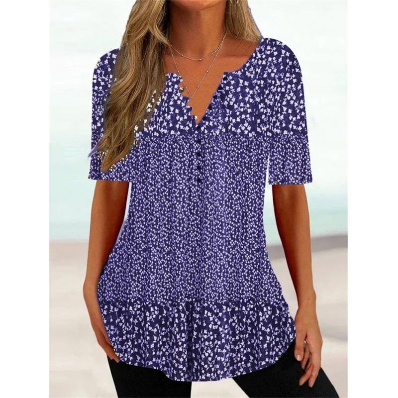 Trendy And Cool Women's Summer Loose V-neck Pullover Short-sleeved Button Printed T-shirt