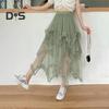 Women Cake Skirt Mid-rise Elastic Waist Irregular Hem Midi Skirt Solid Color Mesh Swing Long Skirt Daily Wear
