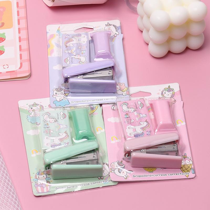 Candy Color Mini Stapler & Highlighter Set: Creative Cartoon Unicorn & Dinosaur Design