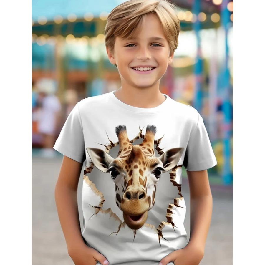 Новая детская футболка с 3D-принтом из мультфильма, симпатичная короткая футболка с круглым вырезом, футболка для мальчиков и девочек с короткими рукавами и 3D-принтом льва, жирафа, волка