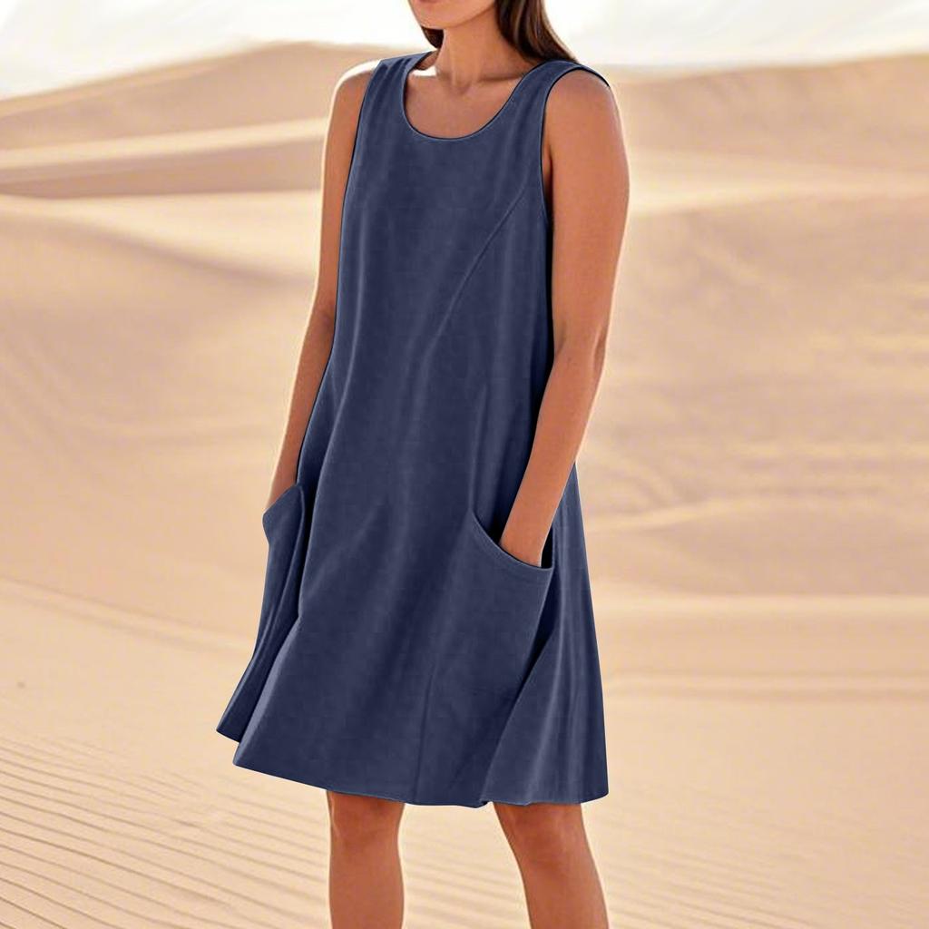 Летние платья для женщин, свободные пляжные повседневные сарафаны без рукавов с карманами, платье-майка