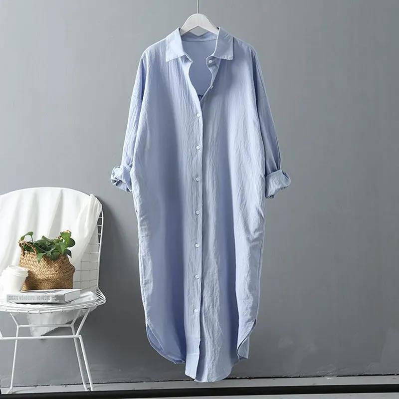 Plus Size Women's Cotton Linen Long Sleeve White Shirt Spring Autumn Loose Casual Mid-Length Shirt Dress Robe Femme