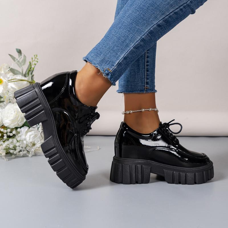 Lucyever Лаковые туфли-лоферы на массивной подошве для женщин Весенние туфли-лодочки на платформе со шнуровкой Женские удобные туфли на толстой подошве для студентов