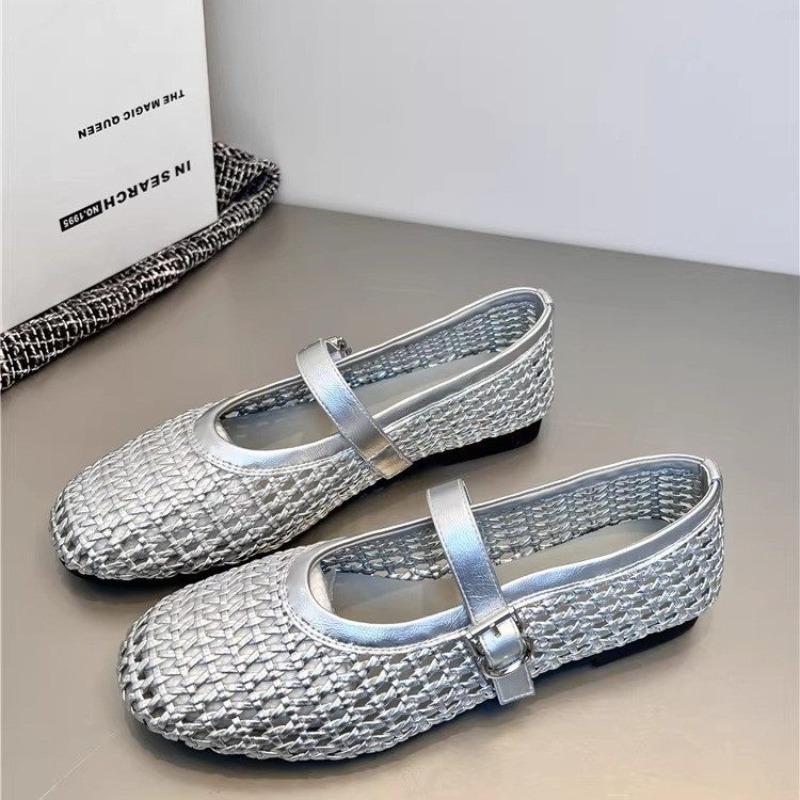 Fashion Women's Summer Weaving Casual Flats Shoes Comfortable Round Toe Cut-out Mary Jane with Straight Buckles Fishnet Sandals