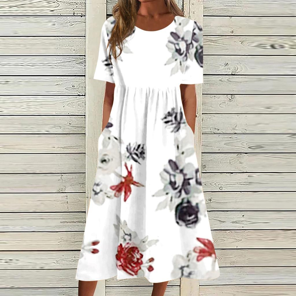 Women's Casual Dresses Printed Dresses Summer Dresses Printed Pleated Round Neck Midi Dresses Basic Classic Outdoor Daily Short Sleeve Loose Dresses