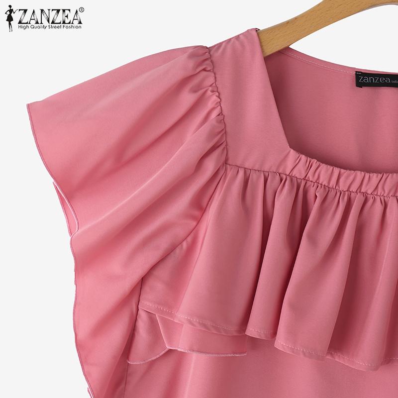 ZANZEA Женская повседневная летняя блузка с квадратным вырезом и короткими рукавами и оборками