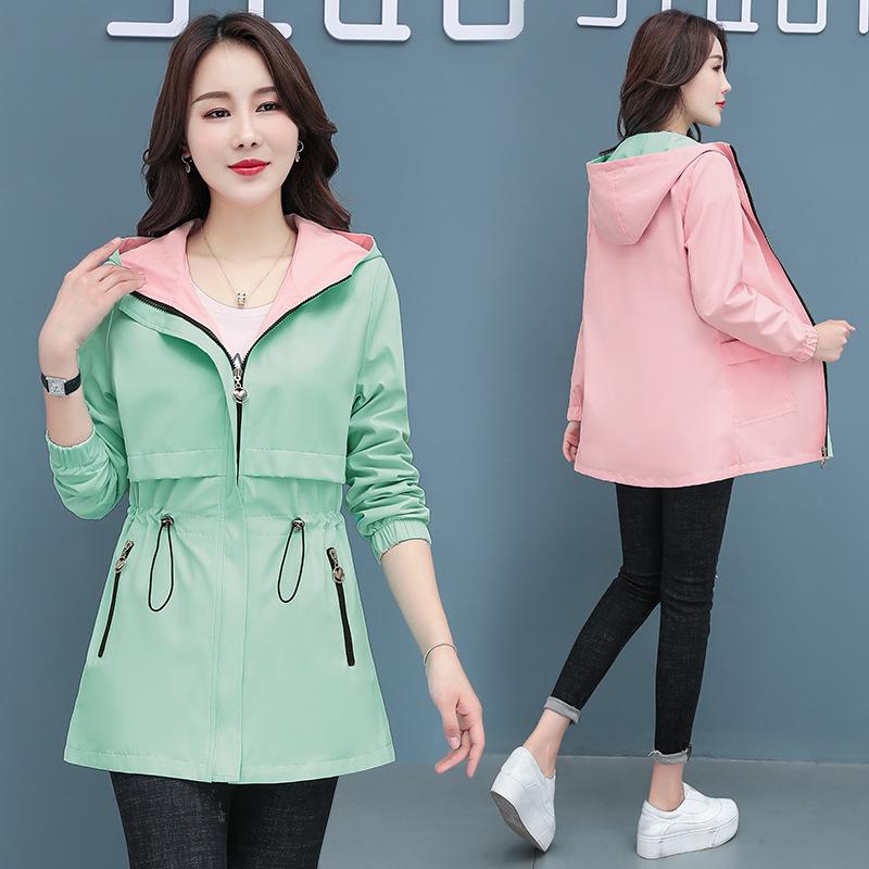 Women 's Windbreaker Jacket Double-sided Wearing Waist Cinching Ladies Spring and Autumn Hooded Windbreaker Jacket