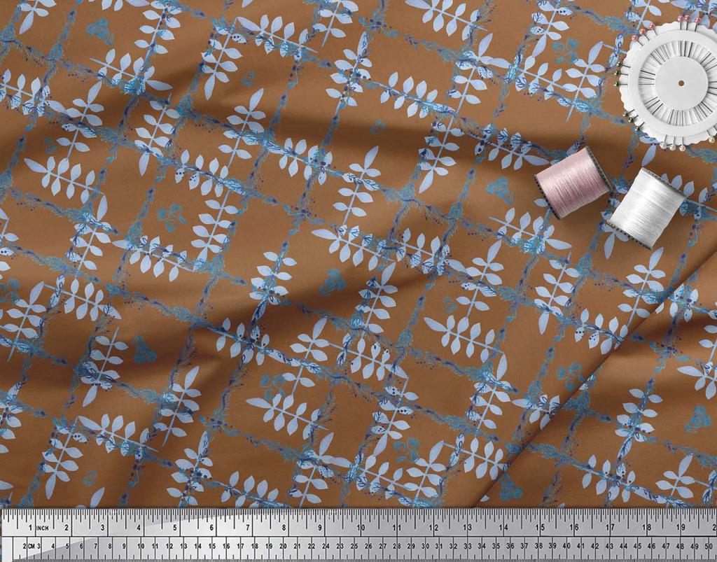 Soimoi Black Japan Crepe Satin Fabric Leaves & Floral Check Print Fabric by the metre 42 Inch
