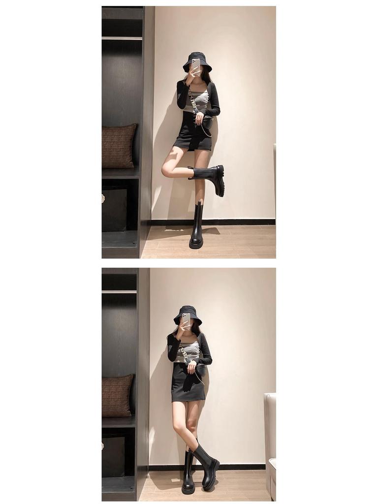 Mona Height-Boosting Women's Mid-Calf Chelsea Boots - British Style, Thick-Soled, Plus Velvet