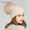 SOMALER Winter Hats For Women Natural Fur Pompom Hat Warm Wool Slouchy Beanies For Female Fashion Skullies Lady Hats