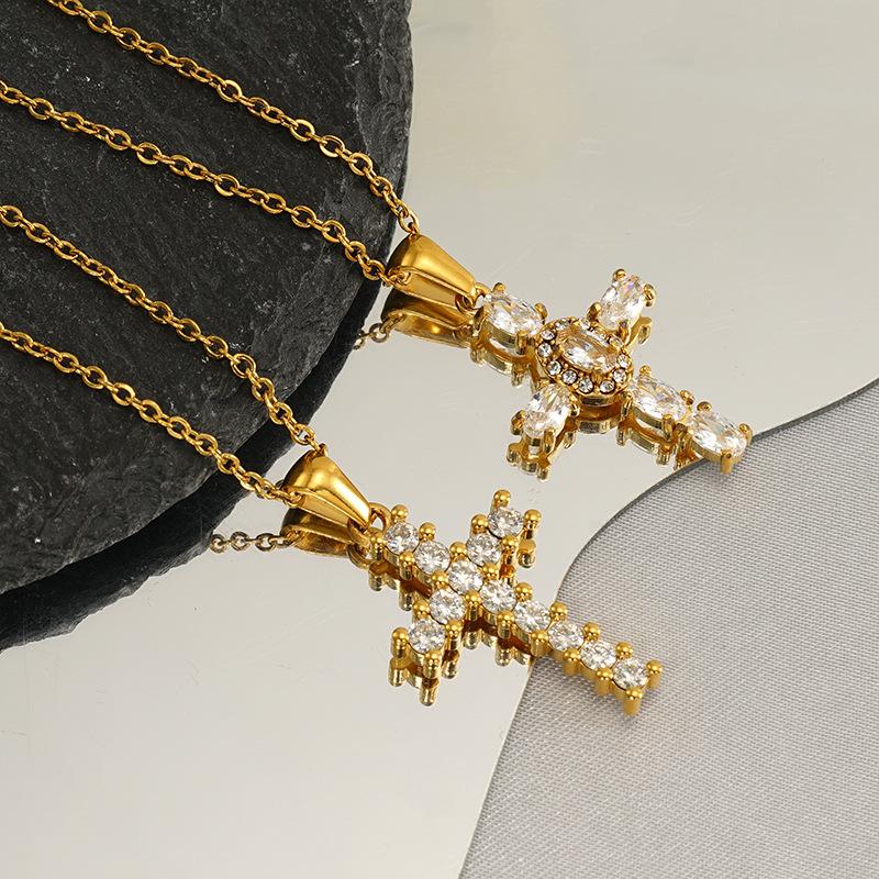 Hot sale new18K Gold stainless steel cross necklace with zirconia stones, a stylish and sophisticated pendant