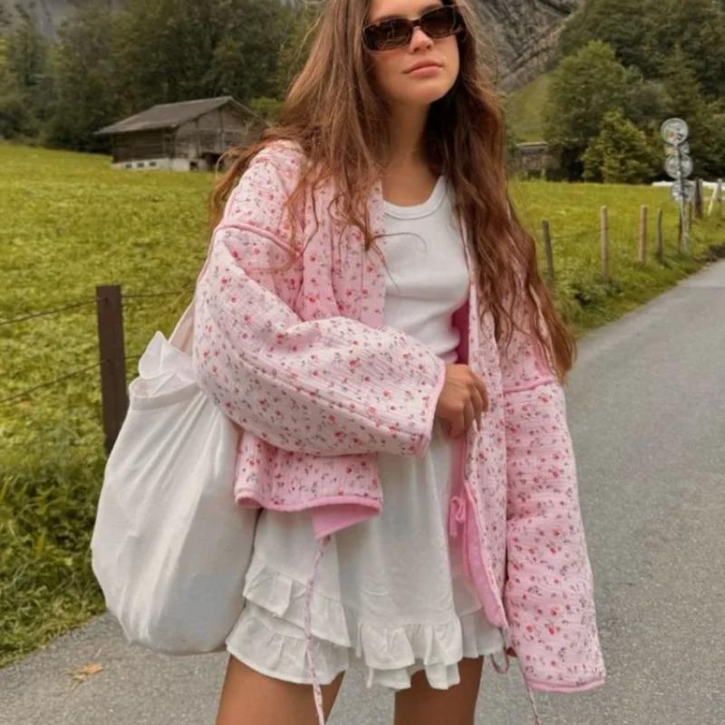 Женское милое повседневное хлопковое пальто с V-образным вырезом на шнуровке с цветочным принтом и длинными рукавами, куртка осень-зима, свободная теплая верхняя одежда