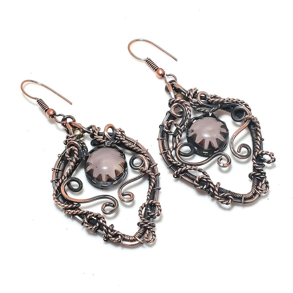 Серьги из розового кварца, обернутые медной проволокой 999 пробы, Ювелирные изделия из драгоценных камней ручной работы, Подарки для жены Совершенно новые серьги