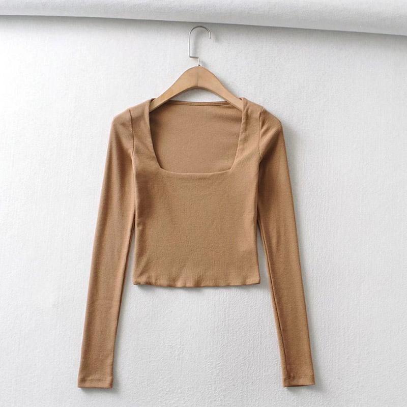 Женский укороченный топ из хлопка в рубчик с квадратным вырезом и длинным рукавом